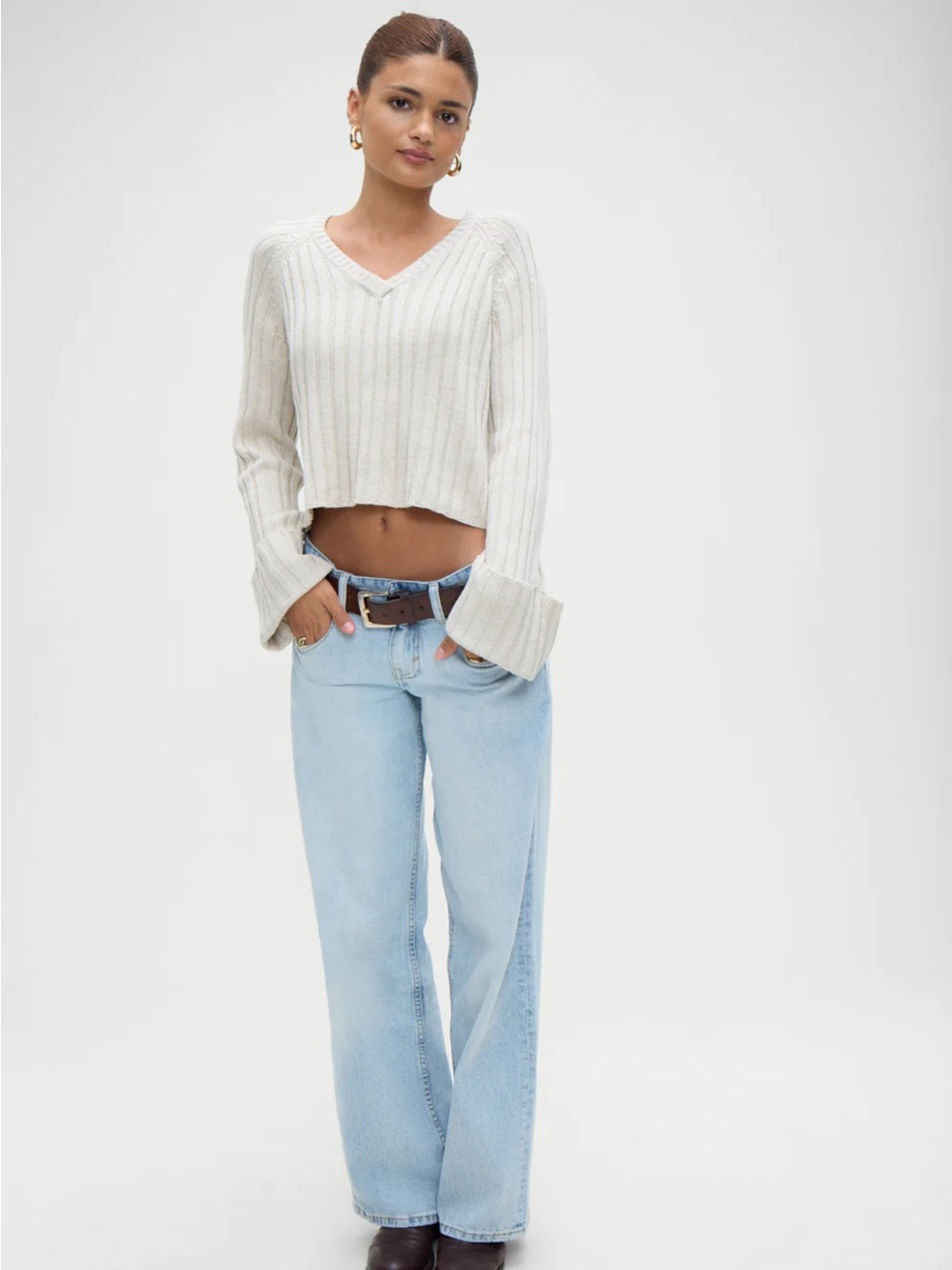 Frankie's Bikinis Cream Ribbed V-Neck Sweater - Picture 1 of 3